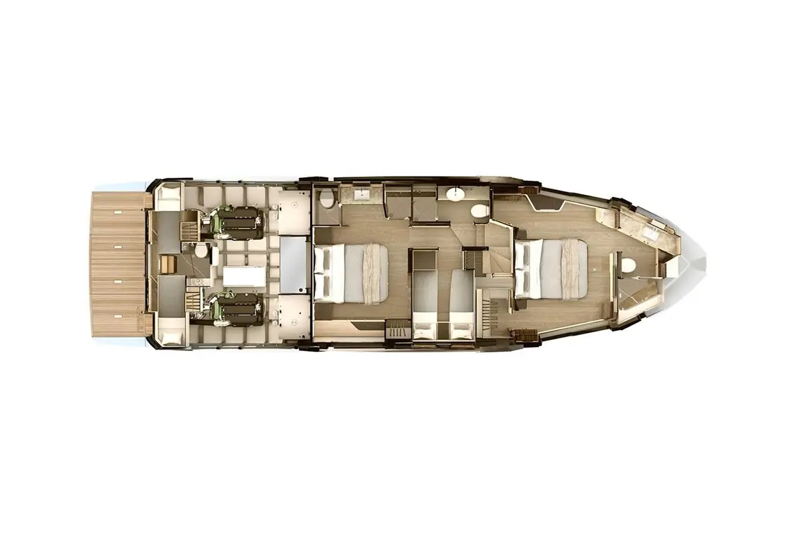 Layout of a luxury yacht cabin featuring bedrooms, bathrooms, and living areas, with wooden finishes and modern furnishings.